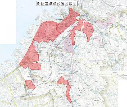 この図面は、街区基準点の配置点を閲覧して作成したもので概ねの範囲図です。あくまで概要であることをご了承願います。