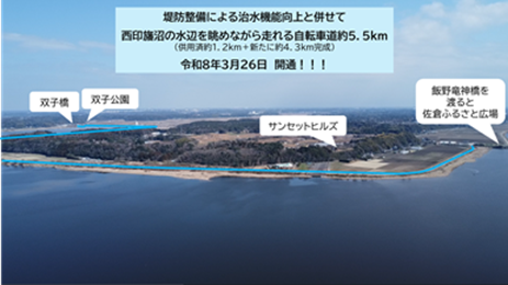 堤防整備による治水機能向上と併せて西印旛沼の水辺を眺めながら走れる自転車道約5.5km 令和8年3月26日開通