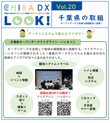 CHIBA DX LOOK vol.20　千葉県の取組　オープンデータで地域の課題解決に挑戦！ オープンデータを活用して地域の課題解決に挑戦する、アイデアソン・ハッカソンが開催されました！ 複数のデータやシステムを組み合わせた斬新なアイデアが次々と生み出されました。 アイデアの一部を紹介します。 観光×タイムトラベル 地図×イベント情報 トイレ情報×防災システム スポット巡り×陣取りゲーム ごみマップ×多言語マナー啓発 詳細は県HPで公開中！