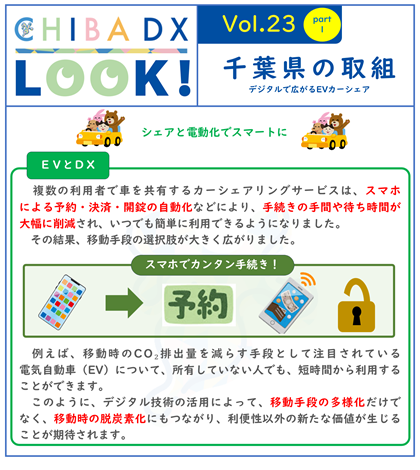 CHIBADXLOOKvol.23千葉県の取組 複数の利用者で車を共有するカーシェアリングサービスは、スマホによる予約・決済・開錠の自動化などにより、手続きの手間や待ち時間が大幅に削減され、いつでも簡単に利用できるようになりました。 その結果、移動手段の選択肢が大きく広がりました。 例えば、移動時のCO₂排出量を減らす手段として注目されている電気自動車（EV）について、所有していない人でも、短時間から利用することができます。 このように、デジタル技術の活用によって、移動手段の多様化だけでなく、移動時の脱炭素化にもつながり、利便性以外の新たな価値が生じることが期待されます。