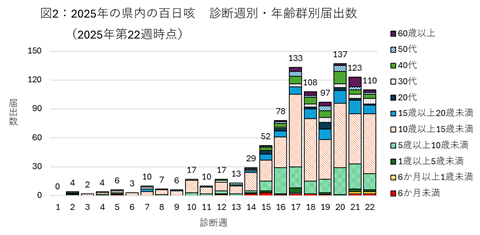 図2：2025年の県内の百日咳　診断週別・年齢群別届出数（2025年第22週時点）