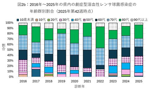図2b：2016年から2025年の県内の劇症型溶血性レンサ球菌感染症の年齢群別割合（2025年第42週時点）
