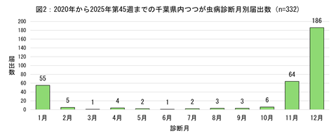 2020年から2025年第45週までの千葉県内つつが虫病診断月別届出数のグラフ