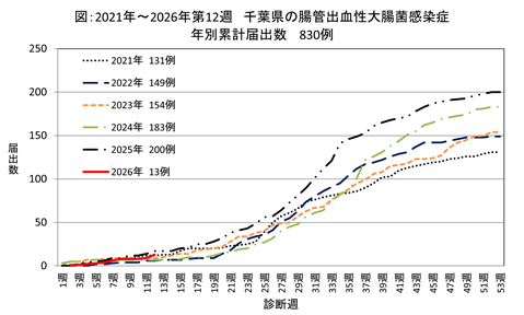 図、2021年から2026年第12週までの千葉県の長官出血性大腸菌感染症の年別累計届出数のグラフ