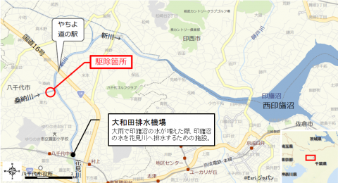 駆除箇所位置図（道の駅やちよの南西、かんのうがわが新川に合流する部分）