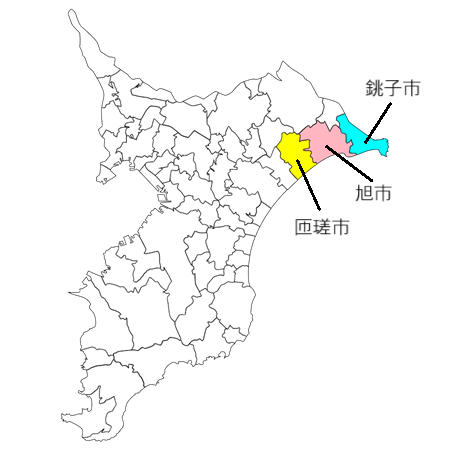 千葉県の地図（海匝地域の3市の位置紹介）