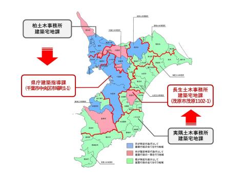 柏土木事務所が所管している野田市及び鎌ケ谷市の区域における建築に関する事務については県庁建築指導課へ、夷隅土木事務所が所管している勝浦市、いすみ市、大多喜町及び御宿町の区域における建築及び宅地に関する事務については長生土木事務所へ窓口が変更となります。