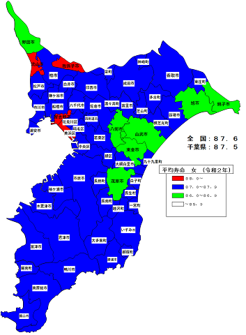 令和2年市町村別平均寿命（女）千葉県地図画像
