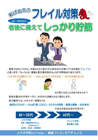 転ばぬ先のフレイル対策、老後に備えてしっかり貯筋のリーフレットの画像