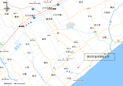 八日市場駅から東部家畜保健衛生所までの地図