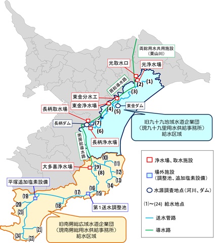 旧九十九里地域水道企業団及び旧南房総広域水道企業団の水道用水供給事業の給水区域図