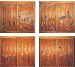 杉戸絵「花見風俗の図」付蓮と燕の図の写真