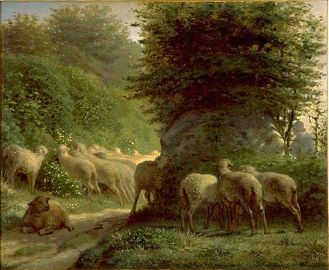 Millet Sheeps Grazing by a Hedge