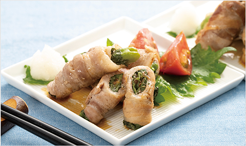 シシトウの豚肉大葉巻き料理の画像