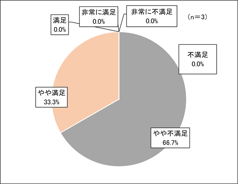 問4の回答の円グラフ。「やや不満足」が66.7%、「やや満足」は33.3%でした。「非常に満足」「満足」「不満足」「非常に不満足」の回答はありませんでした。