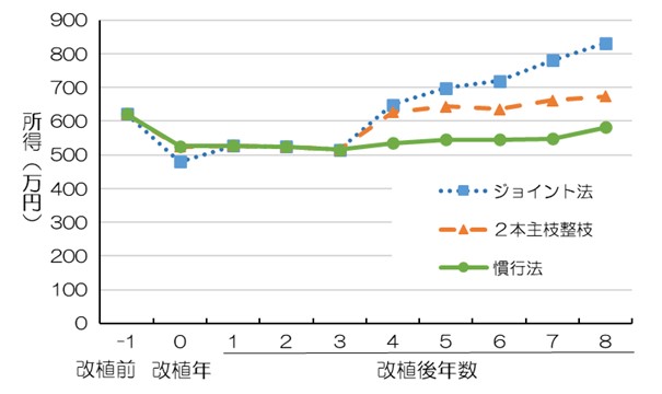 整枝法別の改植後の所得の推移