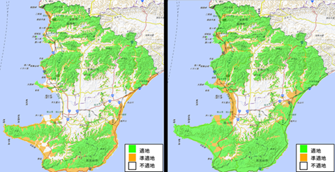 ビワ「大房」栽培適地マップ(左：現状、右：将来2041から2050年度)