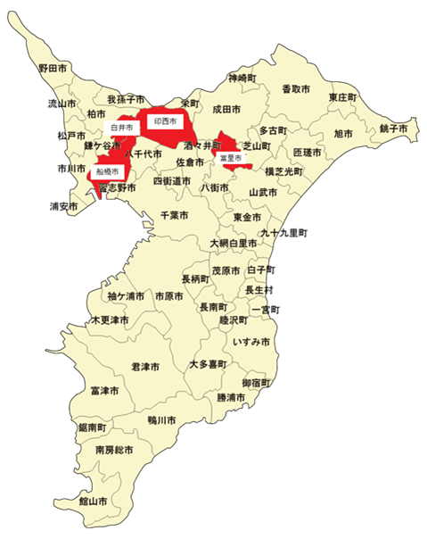 管内市町村が表示されている千葉県の画像で消費者安全確保地域協議会が設置されている市が赤く塗りつぶされている。現在は船橋井、印西市、白井市及び冨里市の４市