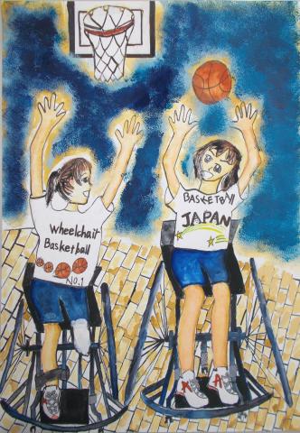 車椅子バスケをプレーする二人の女性の絵