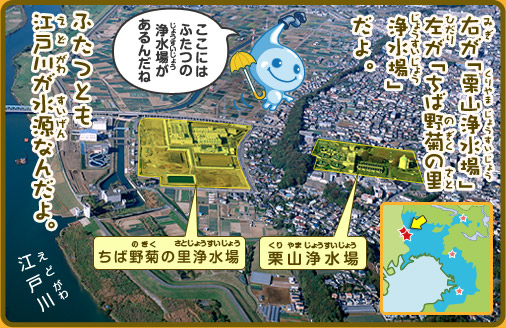 右が「栗山浄水場」左が「ちば野菊の里浄水場」だよ。ふたつとも江戸川が水源なんだよ。ここにはふたつの浄水場があるんだね
