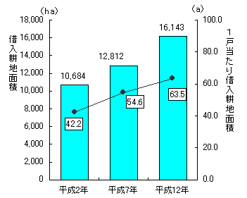 グラフ借入耕地面積と借入耕地のある農家1戸当たり借入耕地面積