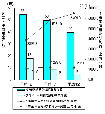 グラフ採卵鶏及びブロイラー飼養（出荷）事業体数及び1事業体当たり羽数