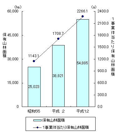 グラフ保有山林面積及び1事業体当たり保有山林面積