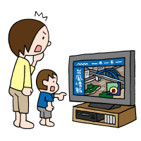 テレビで台風情報を見る家族のイラスト