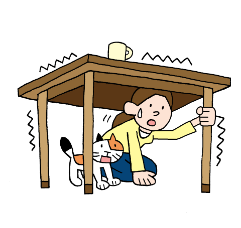 机の下で地震から身を守るイラスト