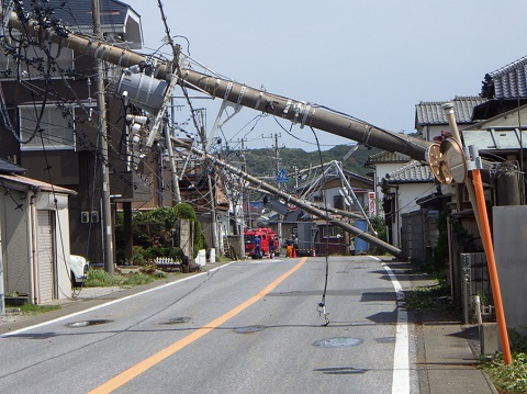 館山市の強風により倒壊した電柱の画像
