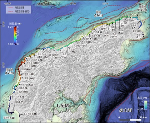 本研究で示された海岸の隆起量と海底活断層の分布の図