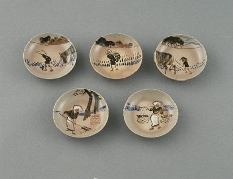 浅井 忠（図案）「農家風俗画手塩皿」の画像