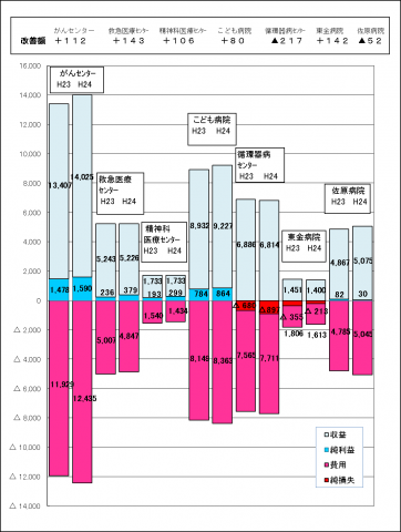 平成24年度決算・病院別損益の前年度比較