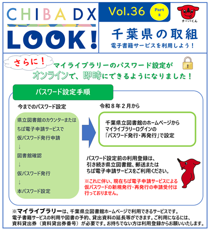 マイライブラリーのパスワード設定がオンラインで、即時にできるようになりました。パスワード設定手順。令和８年２月から、千葉県立図書館のホームページからマイライブラリーログインの「パスワード発行・再発行」で設定。パスワード設定前の利用登録は、引き続き県立図書館、郵送またはちば電子申請サービスをご利用ください。これに伴い、現在ちば電子申請サービスによる仮パスワードの新規発行・再発行の申請受付は行っておりません。マイライブラリーは、千葉県立図書館ホームページで利用できるサービスです。電子書籍サービスの利用や図書の予約、貸出資料の延長等ができます。ご利用になるには、資料貸出券（資料貸出券番号）が必要です。お持ちでない方は利用登録からお願いいたします。
