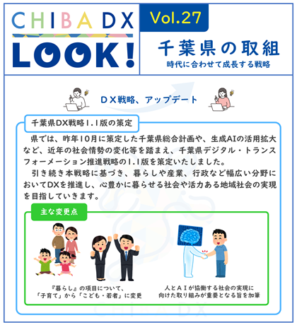 CHIBADXLOOKvol.27千葉県の取組 県では、昨年10月に策定した千葉県総合計画や、生成AIの活用拡大など、近年の社会情勢の変化等を踏まえ、千葉県デジタル・トランスフォーメーション推進戦略の1.1版を策定いたしました。 引き続き本戦略に基づき、暮らしや産業、行政など幅広い分野においてDXを推進し、心豊かに暮らせる社会や活力ある地域社会の実現を目指していきます。  主な変更点 　・『暮らし』の項目について、「子育て」から「こども・若者」に変更 　・人とＡＩが協働する社会の実現に向けた取り組みが重要となる旨を加筆