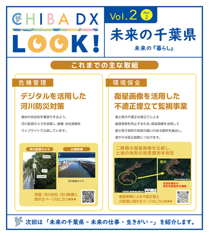 「暮らしのDX」のこれまでの主な取組として、デジタルを活用した河川防災対策と衛星画像を活用した不適正埋立て監視事業について掲載する画像