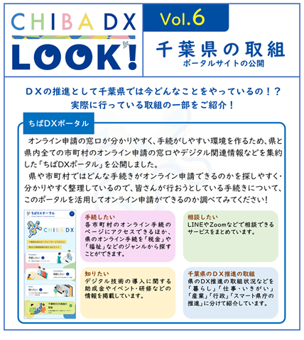 ①千葉県がDXの推進として取り組んでいる施策の中の一つである、ちばDXポータルの公開について掲載している「CHIBA DX LOOK!」ボリューム.6の画像