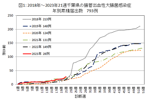図1：2018年～2023年21週千葉県の腸管出血性大腸菌感染症年別累積届出数