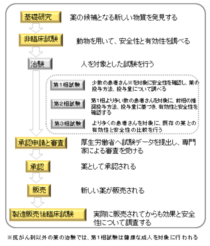 新しい薬ができるまでのフロー図