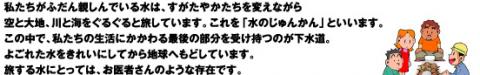 私たちがふだん親しんでいる水は、すがたやかたちを変えながら空と大地、川と海をぐるぐると旅しています。これを「水のじゅんかん」といいます。この中で、私たちの生活にかかわる最後の部分を受け持つのが下水道。よごれた水をきれいにしてから地球へもどしています。旅する水にとっては、お医者さんのような存在です。