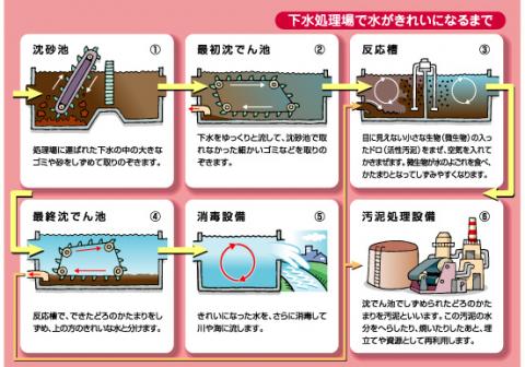 下水処理場で水がきれいになるまでの説明図