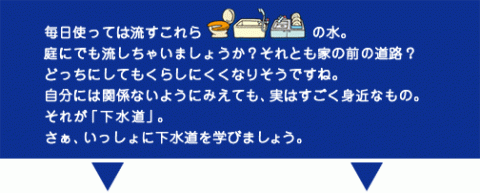 毎日使っては流すこれら、トイレ・お風呂・台所などの水。庭にでもながしちゃいましょうか？それとも家の前の道路？どっちにしてもくらしにくくなりそうですね。自分には関係ないようにみえても、実はすごく身近なもの。それが「下水道」。さぁ、いっしょに下水道を学びましょう。