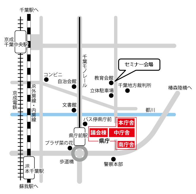 千葉県教育会館　新館　大ホール、新館・本館の各種会議室への地図画像