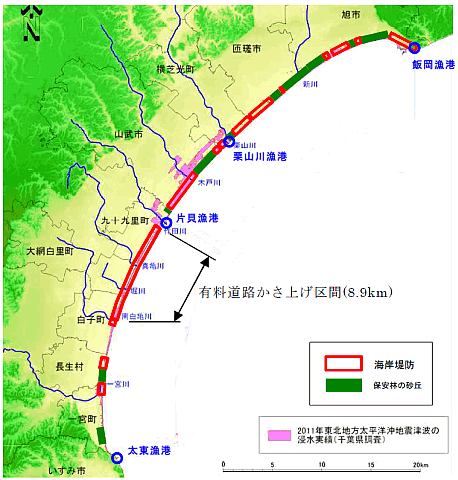 九十九里海岸全体と有料道路かさ上げ区間の位置図