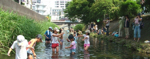 きれいになった坂川で遊ぶ子供たち