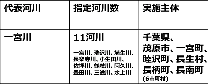 代表河川、一宮川、、指定河川数、十一河川、、実施主体、千葉県、茂原市、一宮町、睦沢町、長生村、長柄町、長南町