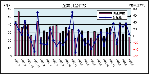 企業倒産件数(平成24年6月:負債総額1千万円以上)