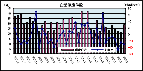 企業倒産件数（平成25年5月：負債総額1千万円以上）