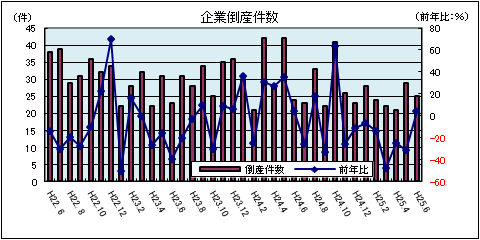 企業倒産件数（平成25年6月：負債総額1千万円以上）