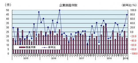 企業倒産件数（2019年2月：負債総額1千万円以上）